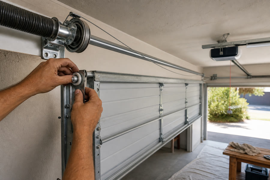 Hands aligning a sectional garage-door roller in the side track, torsion spring and motor rail visible overhead.