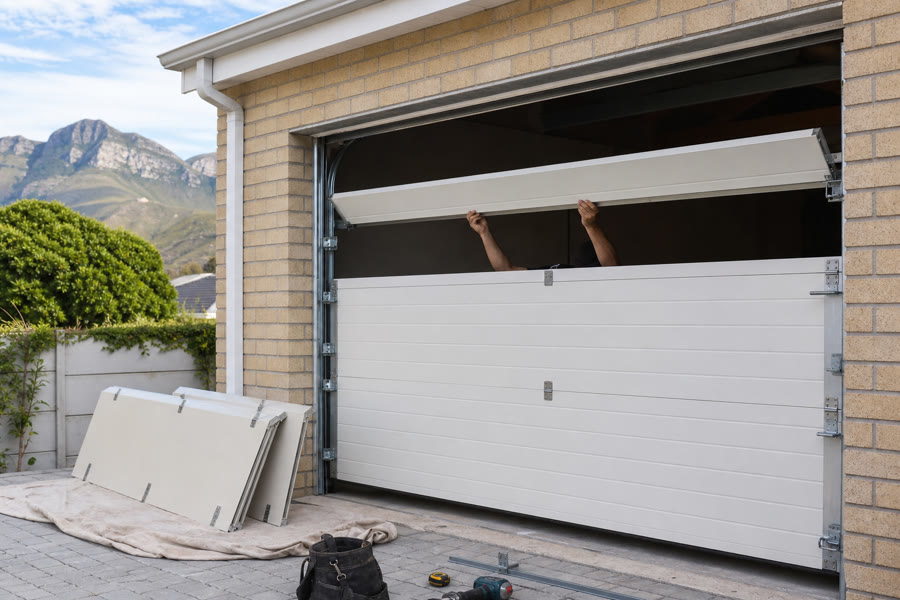 Cream sectional panels being lifted into the tracks on a Somerset West garage opening, spare panels on a dust sheet.