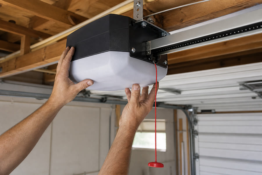 Ceiling opener being bolted to the motor rail, red release cord hanging, sectional door stacked on the tracks behind.